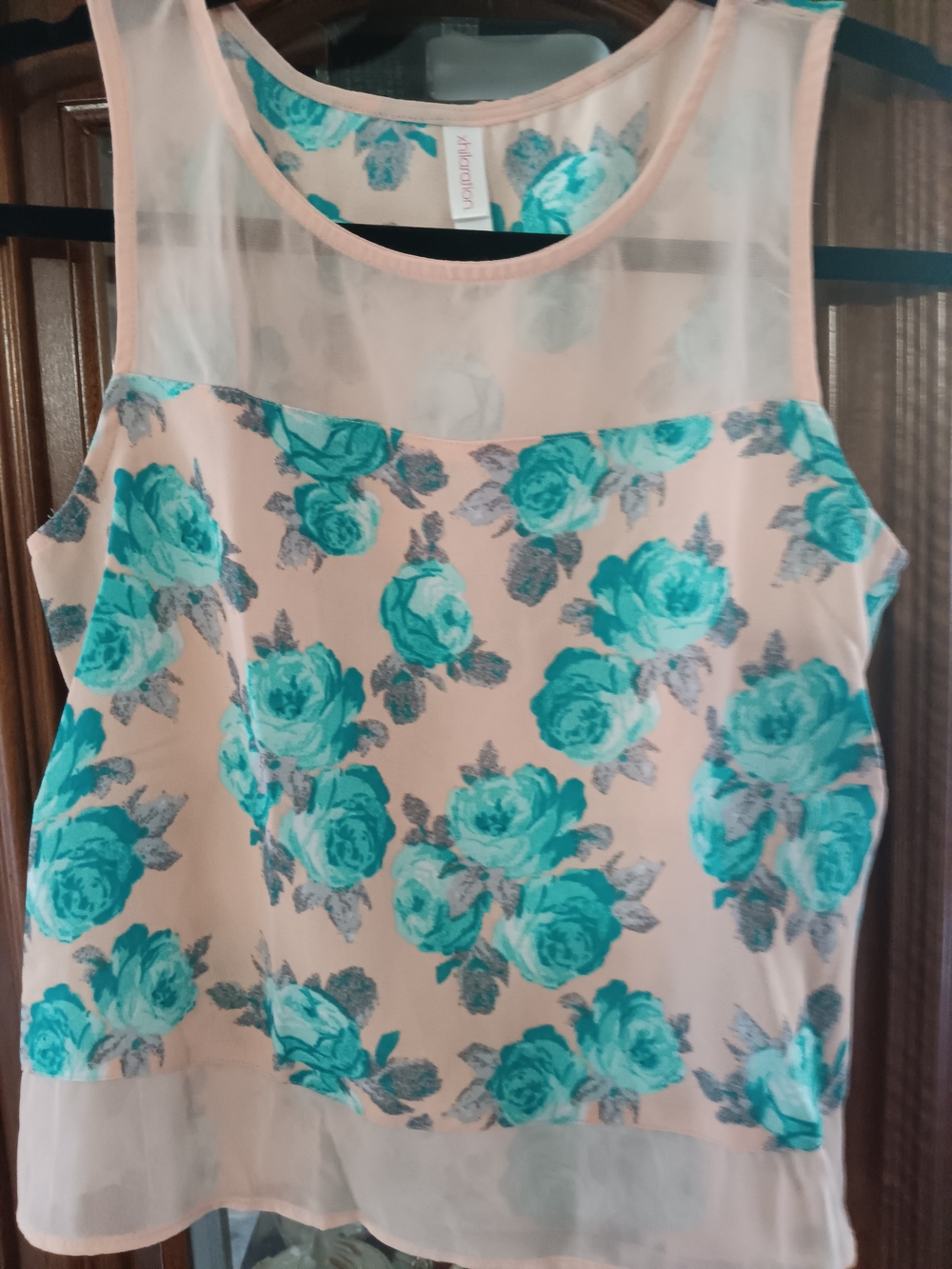 Xhilaration Peach Sheer Floral Tank with Teal Rose Print